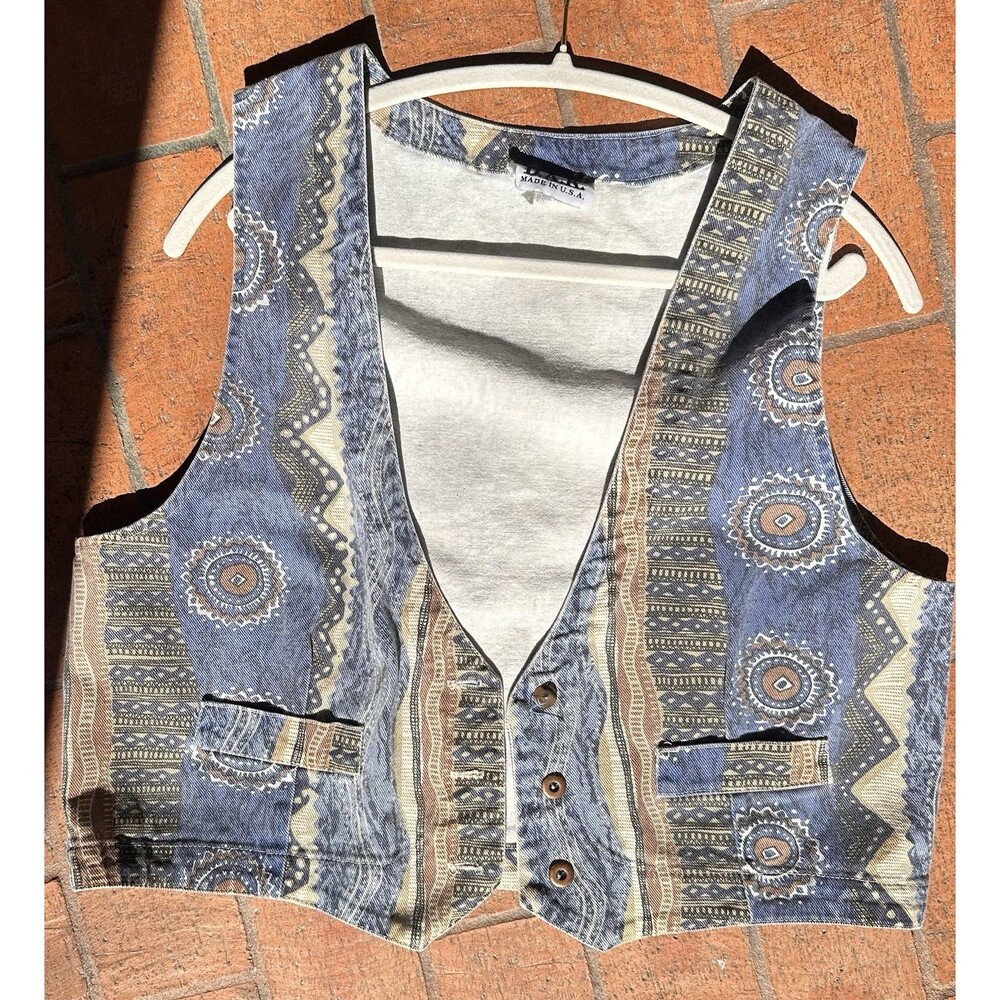 Vintage Vest 90s Paisley Southwestern Denim Jean Patchwork 80s Blue